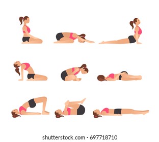 Yoga poses for better sleep. Vector illustrations with woman in sport bra and shorts doing asanas from insomnia and relaxing. Healthy poster in flat vector design. On white isolated background. svg