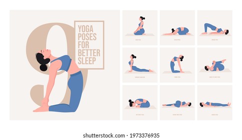 yoga poses for Better Sleep. Young woman practicing Yoga pose. Woman workout fitness, aerobic and exercises. Vector Illustration.