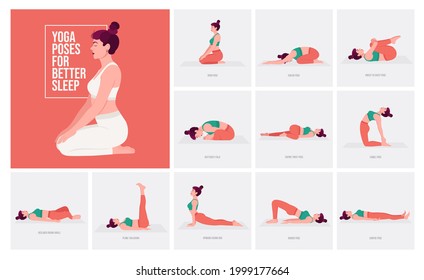 Yoga poses For Better Sleep. Young woman practicing Yoga pose. Woman workout fitness, aerobic and exercises. Vector Illustration.	