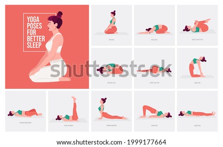 Yoga poses For Better Sleep. Young woman practicing Yoga pose. Woman workout fitness, aerobic and exercises. Vector Illustration.	
