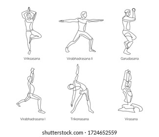 Yoga poses. Black isolated on white background. Continuous line drawing.