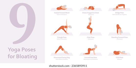 Yoga poses for Bloating. Elderly woman practicing yoga asana. Healthy lifestyle. Full body yoga, fitness, aerobic and exercises workout. Flat cartoon character. Vector illustration