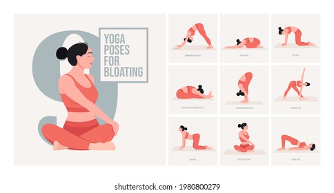 Yoga poses for Bloating. Young woman practicing Yoga pose. Woman workout fitness, aerobic and exercises. Vector Illustration.