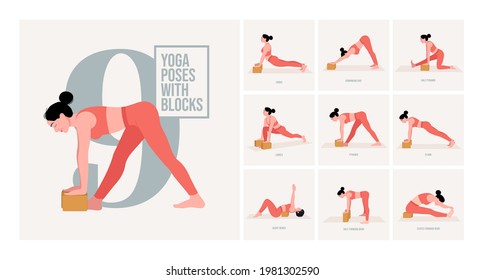 El yoga posa con bloques. Joven practicando pose de yoga. Las mujeres entrenan en gimnasia, aeróbic y ejercicios. Ilustración vectorial.