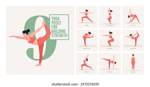 yoga poses for Building Strength. Young woman practicing Yoga pose. Woman workout fitness, aerobic and exercises. Vector Illustration.