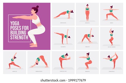 Yoga poses For Building Strength. Young woman practicing Yoga pose. Woman workout fitness, aerobic and exercises. Vector Illustration.	