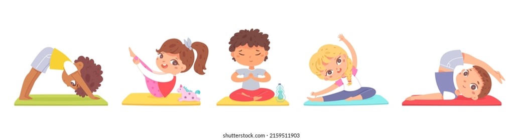 Yoga poses of children set vector illustration. Cartoon cute boy and girl stretching and meditating, healthy sport activity and workout of kids in gym isolated on white. Physical education concept