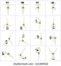 Yoga poses collection for beginners and advanced trainings, woman showing basic asana positions for healthy lifestyle and relaxation. Flat design style modern vector illustration icons set.