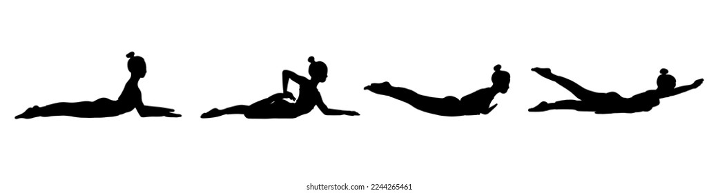 Yoga stellt Sammlung vor. Schwarzer Schatten. Weibliche Frau Mädchen. Vektorgrafik im Cartoon-Stil einzeln auf weißem Hintergrund.