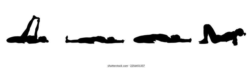 Yoga poses collection. Black shadow. Female woman girl. Vector illustration in cartoon flat style isolated on white background.