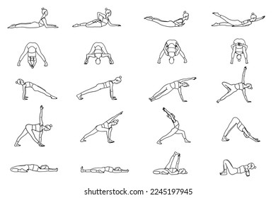 Yoga poses collection. Black and white. Female woman girl. Vector illustration in outline style isolated on white background.