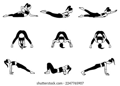 Yoga poses collection. Black and white. Female woman girl. Vector illustration in flat style isolated on white background.