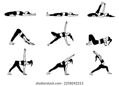 Yoga poses collection. Black and white. Female woman girl. Vector illustration in flat style isolated on white background.