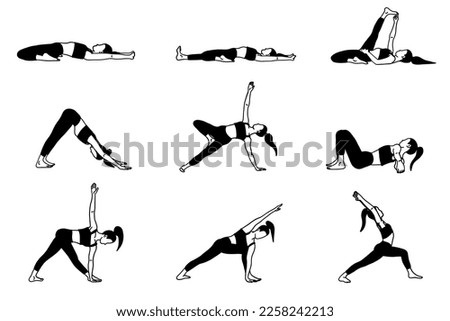 Yoga poses collection. Black and white. Female woman girl. Vector illustration in flat style isolated on white background.