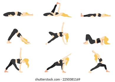 Yoga posa colección. Mujer europea rubia. Ilustración vectorial en estilo plano de dibujos animados aislados en fondo blanco.