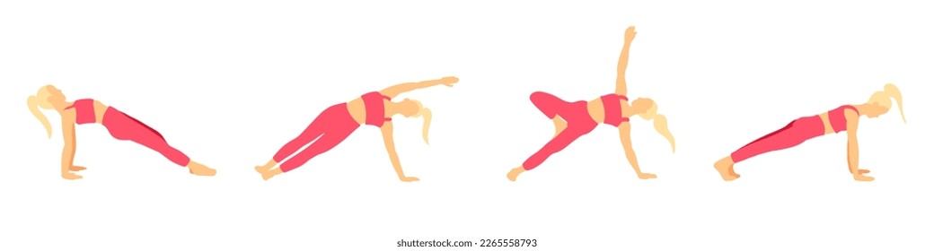 Yoga poses collection. Blonde girl in a pink tracksuit. Female woman girl. Vector illustration in cartoon flat style isolated on white background.