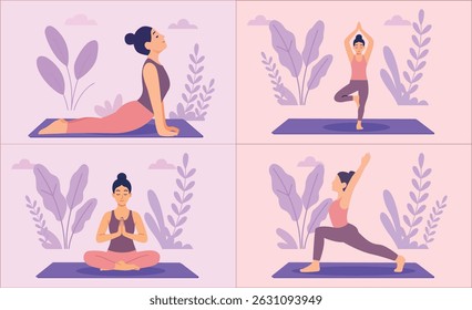 Yoga Poses Coleção
Prática de Yoga diversificada
Conjunto de Yoga feminino
Ilustração de Yoga atenta