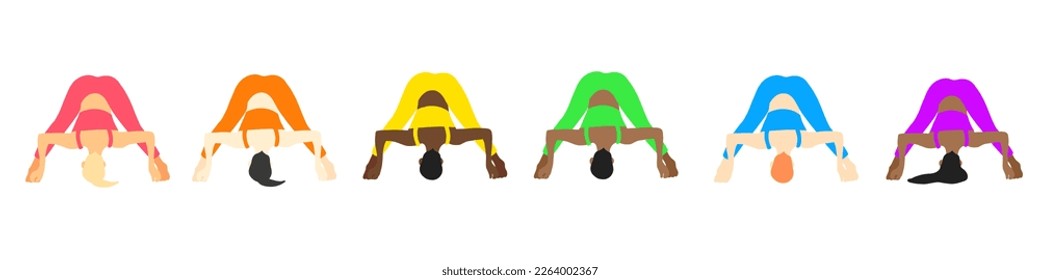 Yoga poses collection. European, african, asian. Female woman girl. Vector illustration in cartoon flat style isolated on white background.