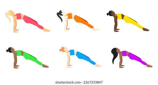 Yoga poses collection. European, african, asian. Female woman girl. Vector illustration in cartoon flat style isolated on white background. LGBT colors.