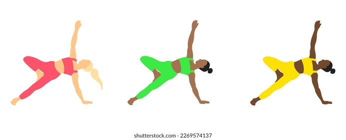 Yoga poses collection. European, african, asian. Female woman girl. Vector illustration in cartoon flat style isolated on white background.