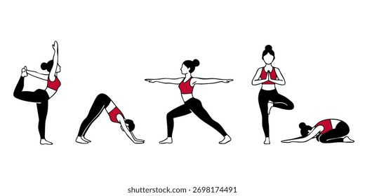 Yoga Possui uma coleção de ilustrações mostrando vários Asanas para flexibilidade e bem-estar.