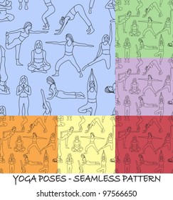 Yoga poses collection and meditation poses - background seamless pattern