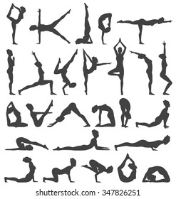 Yoga Poses Collection Set Black Icons Isolated on White Background