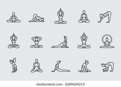 Yoga Poses Collection Thin Line Style Minimalist Design Black Outline