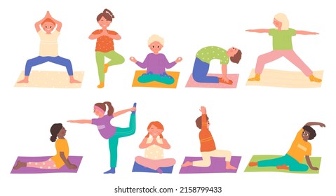 Yoga poses of cute kids set vector illustration. Cartoon children sit on gym mats, girls and boys stretching in asanas, school friends meditating isolated on white. Physical education, sport concept