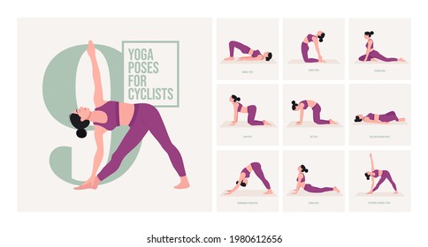 Yoga poses for Cyclists . Young woman practicing Yoga pose. Woman workout fitness, aerobic and exercises. Vector Illustration.