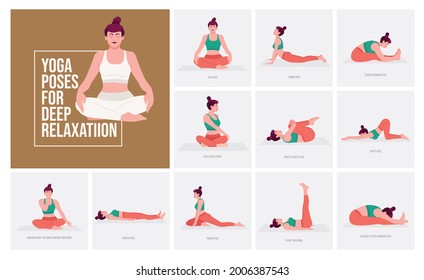 Yoga poses For Deep Relaxation. Young woman practicing Yoga pose. Woman workout fitness, aerobic and exercises. Vector Illustration.	
