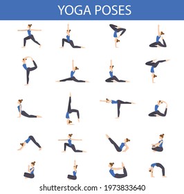 Yoga poses with different asanas done by young girl wearing blue sports dress