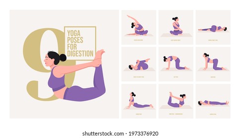 yoga poses for Digestion. Young woman practicing Yoga pose. Woman workout fitness, aerobic and exercises. Vector Illustration.