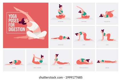 Yoga poses For Digestion. Young woman practicing Yoga pose. Woman workout fitness, aerobic and exercises. Vector Illustration.	