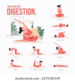 yoga poses for Digestion. Young woman practicing Yoga pose. Woman workout fitness, aerobic and exercises. Vector Illustration.