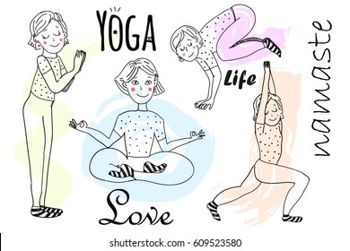 Yoga poses doodle set