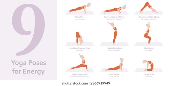 Yoga poses for Energy. Elderly woman practicing yoga asana. Healthy lifestyle. Full body yoga, fitness, aerobic and exercises workout. Flat cartoon character. Vector illustration
