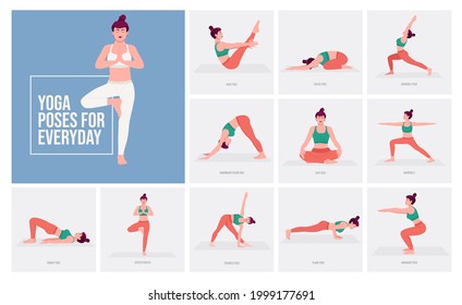 El Yoga Pone Para Todos Los Días. Joven practicando pose de yoga. Las mujeres entrenan en gimnasia, aeróbic y ejercicios. Ilustración vectorial.	