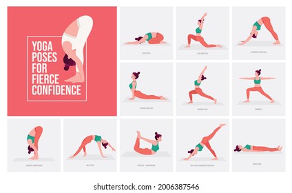 Yoga poses For Fierce Confidence. Young woman practicing Yoga pose. Woman workout fitness, aerobic and exercises. Vector Illustration.	
