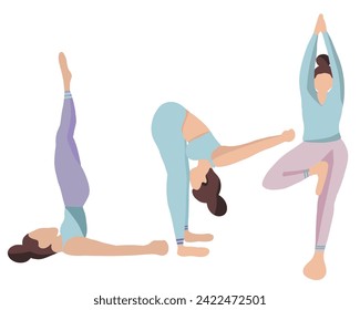 Yoga poses flat design set of three standing
