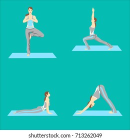 Yoga poses in flat design. Vector illustration. The girl is engaged in yoga.