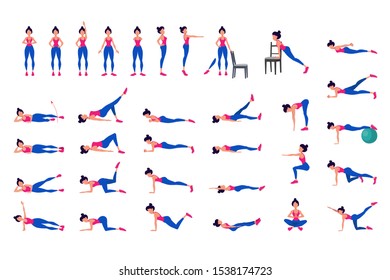 yoga poses in flat design. woman is doing exercise for body stretching. Healthy lifestyle. Fitness cardio exercises. abstract isolated vector illustration