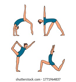 Yoga poses flat illustrations set. Collection of yoga poses. Flat illustrations set of gymnastics poses