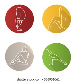 Yoga poses flat linear long shadow icons set. Uttanasana, trikonasana, ardha matsyendrasana, utthita parsvakonasana yoga positions. Vector line illustration