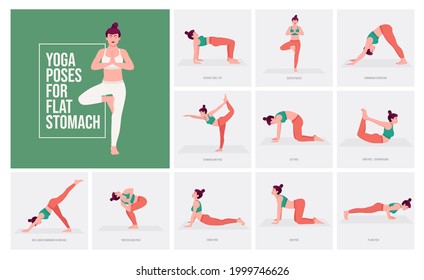 Yoga poses For Flat Stomach. Young woman practicing Yoga pose. Woman workout fitness, aerobic and exercises. Vector Illustration.	
