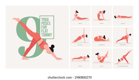 El yoga posa para el Flat Tummy. Joven practicando pose de yoga. Las mujeres entrenan en gimnasia, aeróbic y ejercicios. Ilustración vectorial.