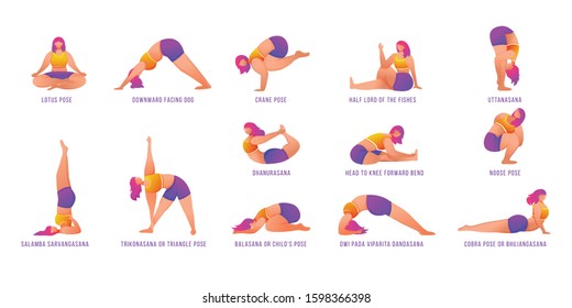 Yoga poses flat vector illustrations set. Caucausian women doing yoga asanas in orange and purple sportswear. Female figures doing physical exercises. Workout, fitness. Isolated cartoon character