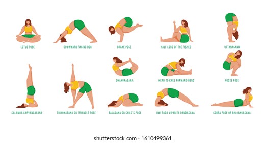 Yoga poses flat vector illustrations set. Caucausian women doing yoga asanas in yellow and green sportswear. Female figures doing physical exercises. Workout, fitness. Isolated cartoon character