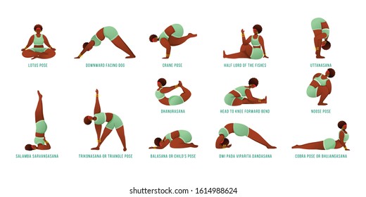 Yoga poses flat vector illustrations set. African American, dark-skinned women performing yoga postures. Female figures doing asanas, physical exercises. Workout, fitness. Isolated cartoon character