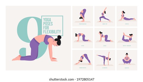 yoga poses for Flexibility. Young woman practicing Yoga pose. Woman workout fitness, aerobic and exercises. Vector Illustration.